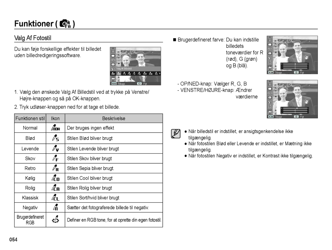 Samsung EC-WB5000BPBE2 manual Valg Af Fotostil, OP/NED-knap Vælger R, G, B 