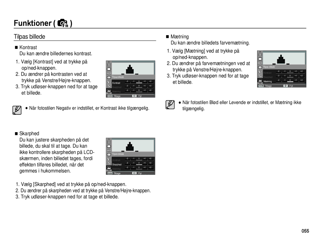 Samsung EC-WB5000BPBE2 manual Tilpas billede, Vælg Mætning ved at trykke på op/ned-knappen, Skarphed 