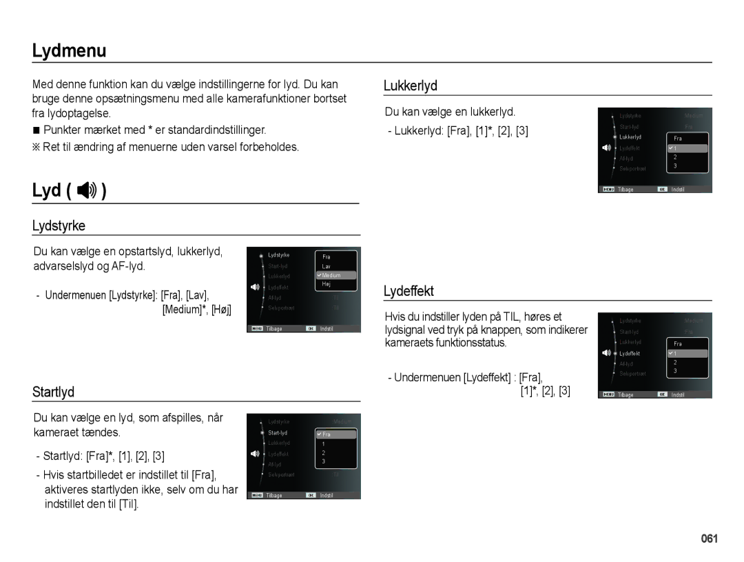 Samsung EC-WB5000BPBE2 manual Lydmenu, Lydstyrke Lukkerlyd, Lydeffekt Startlyd 