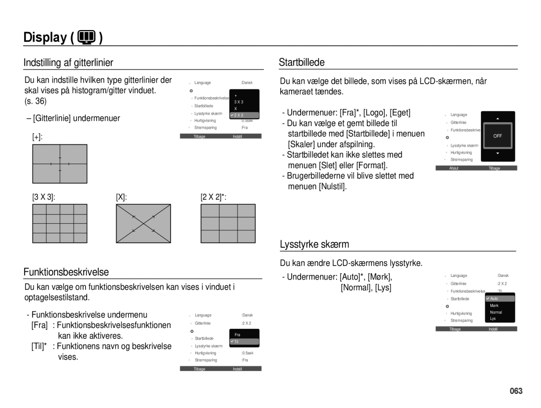 Samsung EC-WB5000BPBE2 manual Indstilling af gitterlinier Startbillede, Lysstyrke skærm Funktionsbeskrivelse 