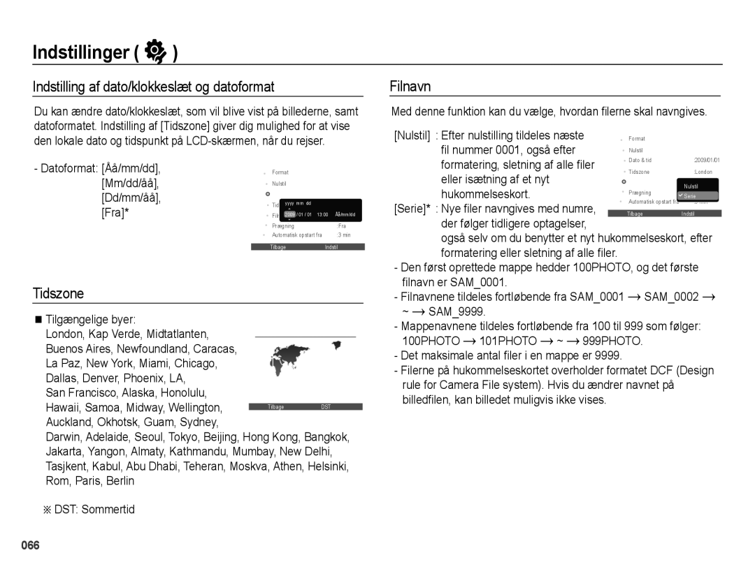 Samsung EC-WB5000BPBE2 Indstilling af dato/klokkeslæt og datoformat, Tidszone, Filnavn, Der følger tidligere optagelser 