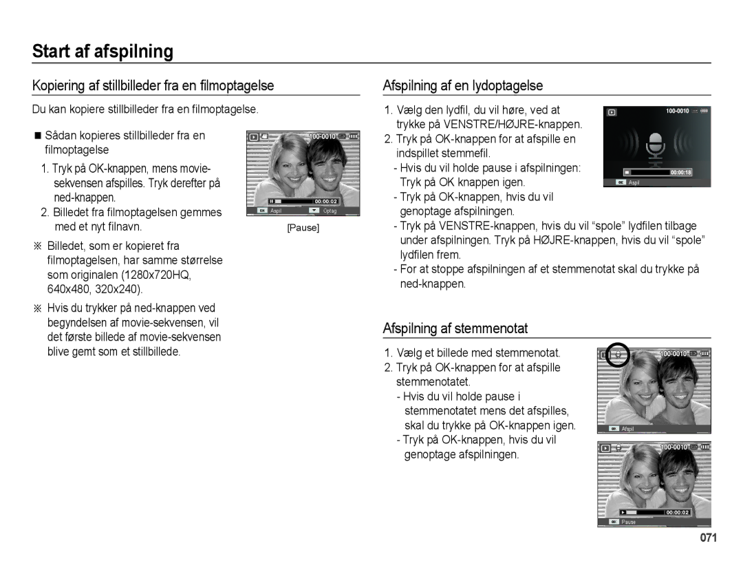 Samsung EC-WB5000BPBE2 Start af afspilning, Kopiering af stillbilleder fra en ﬁlmoptagelse, Afspilning af en lydoptagelse 