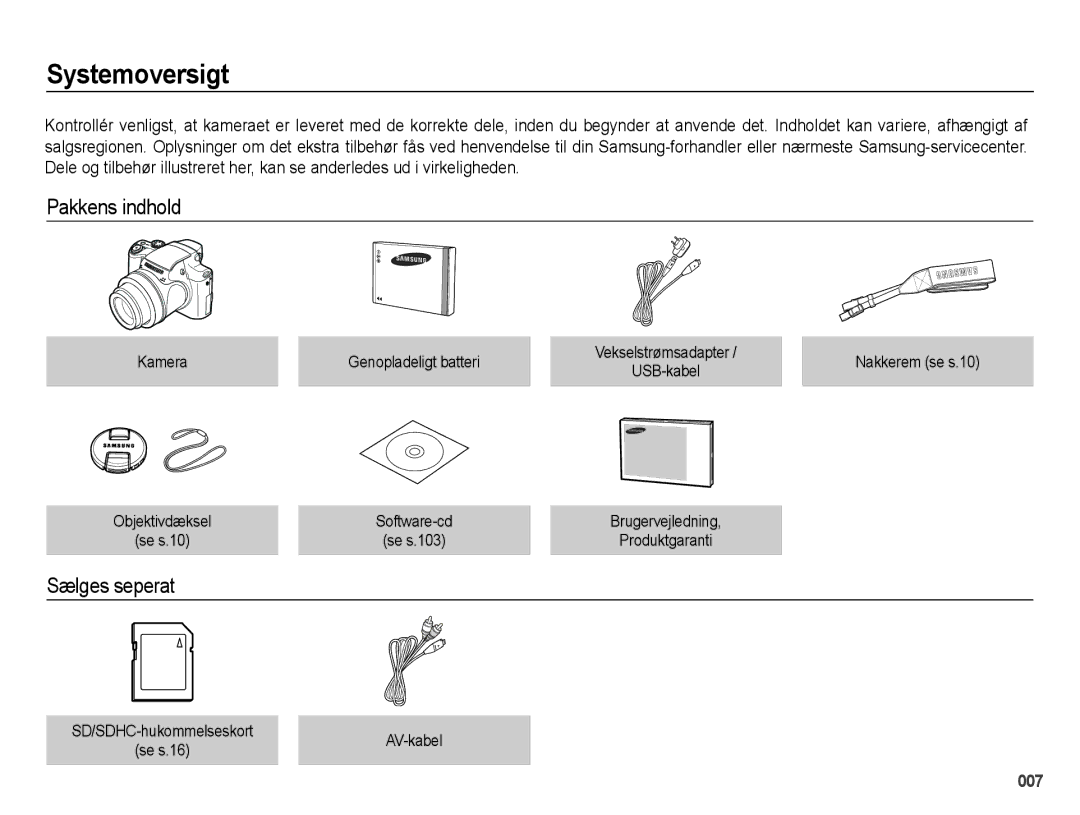 Samsung EC-WB5000BPBE2 manual Systemoversigt, Pakkens indhold, Sælges seperat, Kamera Genopladeligt batteri 