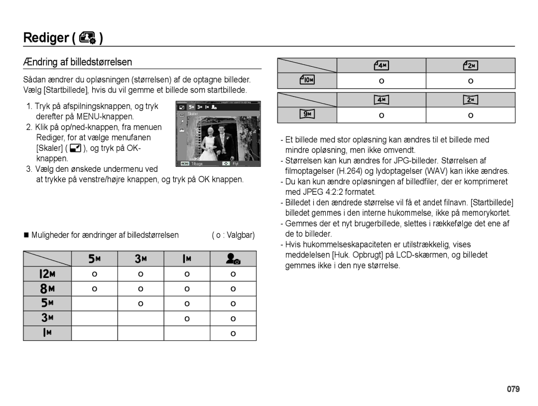 Samsung EC-WB5000BPBE2 manual Rediger, Ændring af billedstørrelsen, Derefter på MENU-knappen 