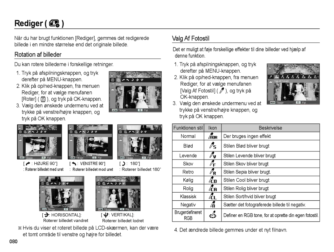 Samsung EC-WB5000BPBE2 Rotation af billeder Valg Af Fotostil, Tryk på OK knappen, Valg Af Fotostil , og tryk på OK-knappen 