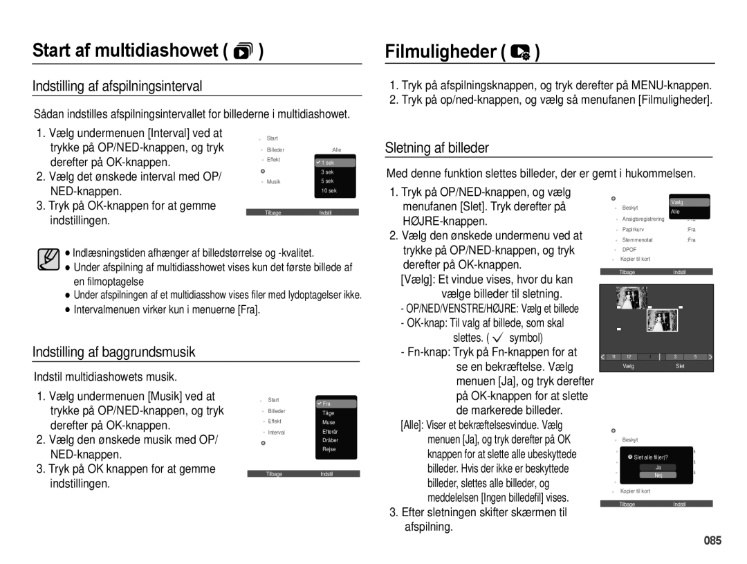 Samsung EC-WB5000BPBE2 manual Filmuligheder, Indstilling af afspilningsinterval, Sletning af billeder 