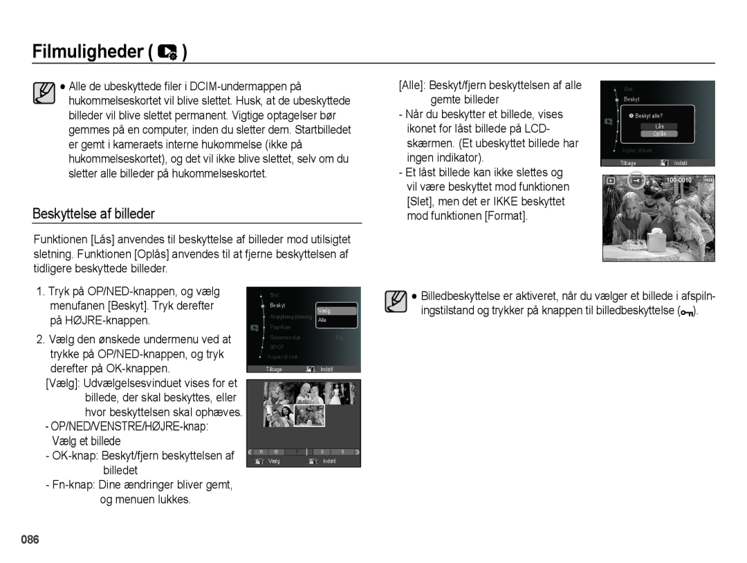 Samsung EC-WB5000BPBE2 manual Beskyttelse af billeder, Fn-knap Dine ændringer bliver gemt, og menuen lukkes 