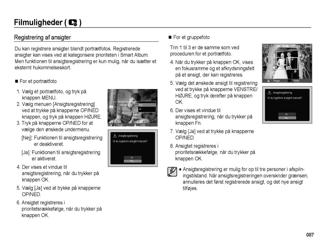 Samsung EC-WB5000BPBE2 manual Registrering af ansigter 