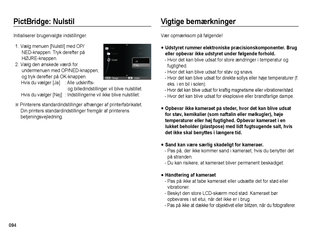 Samsung EC-WB5000BPBE2 manual PictBridge Nulstil, Vigtige bemærkninger 