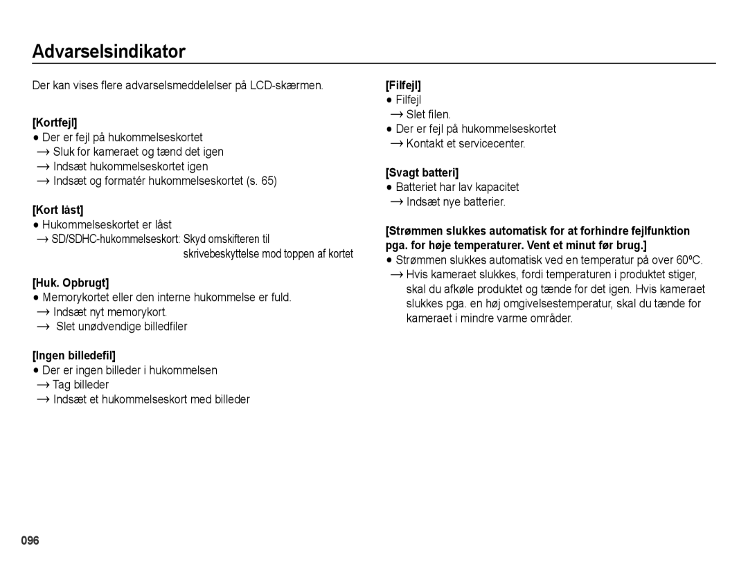 Samsung EC-WB5000BPBE2 manual Der kan vises flere advarselsmeddelelser på LCD-skærmen 