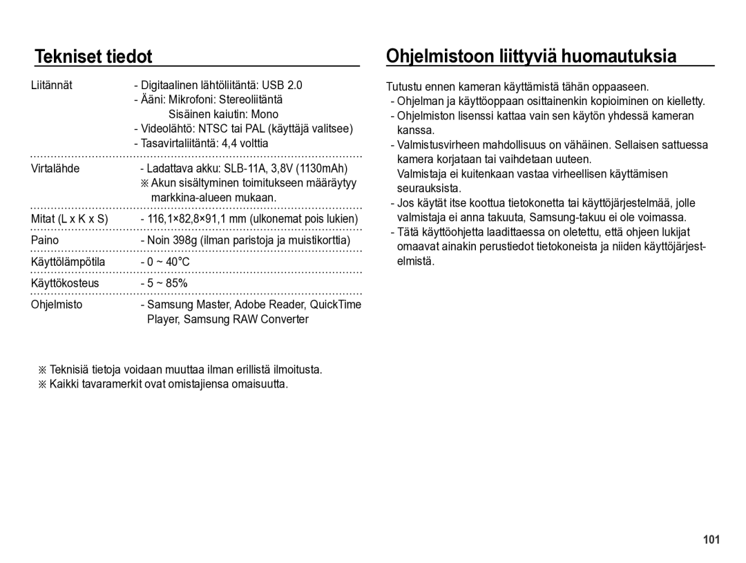 Samsung EC-WB5000BPBE2 manual Ohjelmistoon liittyviä huomautuksia 