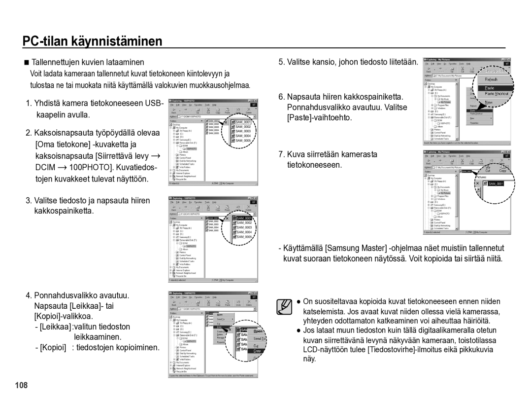 Samsung EC-WB5000BPBE2 manual Tallennettujen kuvien lataaminen, Yhdistä kamera tietokoneeseen USB- kaapelin avulla 