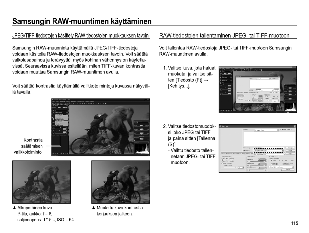 Samsung EC-WB5000BPBE2 manual RAW-tiedostojen tallentaminen JPEG- tai TIFF-muotoon 