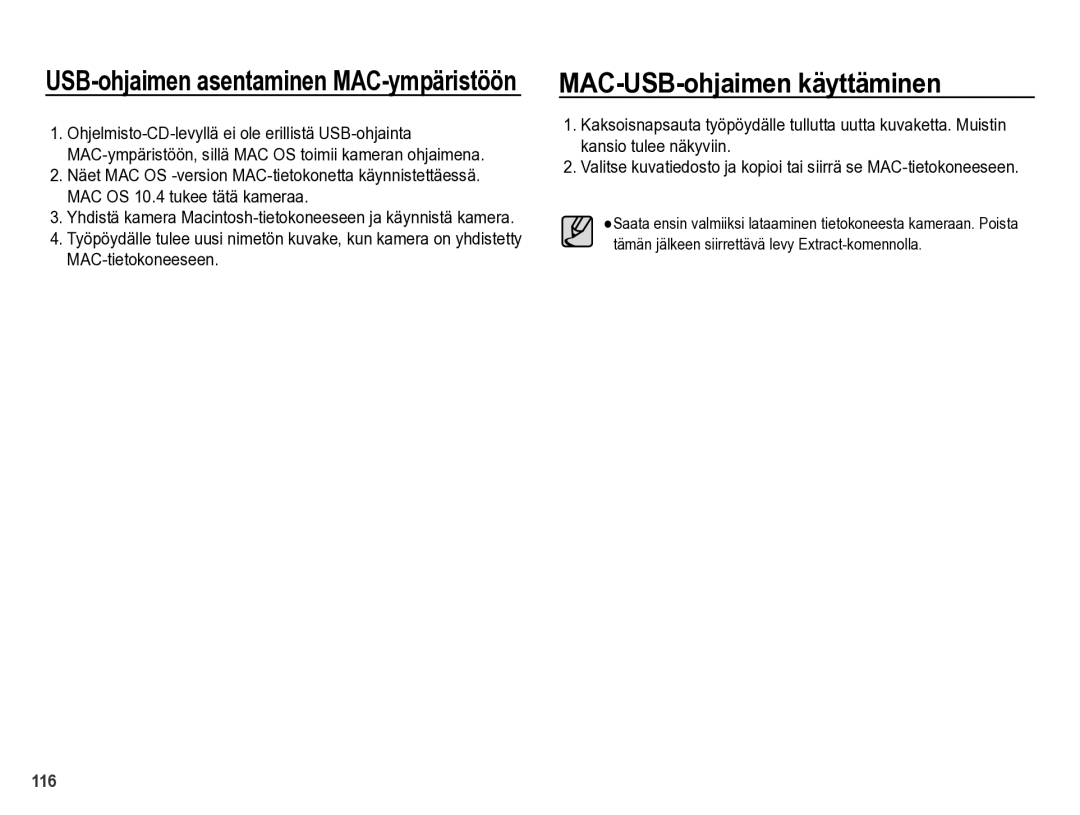 Samsung EC-WB5000BPBE2 manual MAC-USB-ohjaimen käyttäminen, USB-ohjaimen asentaminen MAC-ympäristöön 