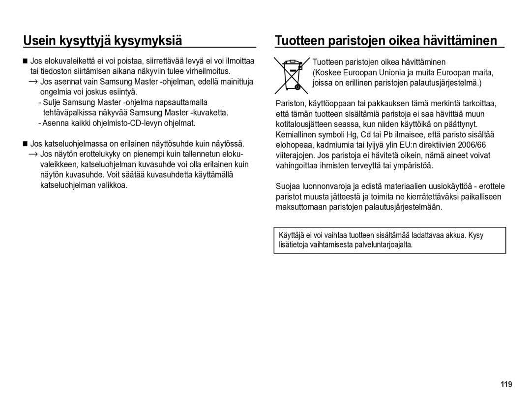 Samsung EC-WB5000BPBE2 manual Tuotteen paristojen oikea hävittäminen, Asenna kaikki ohjelmisto-CD-levyn ohjelmat 