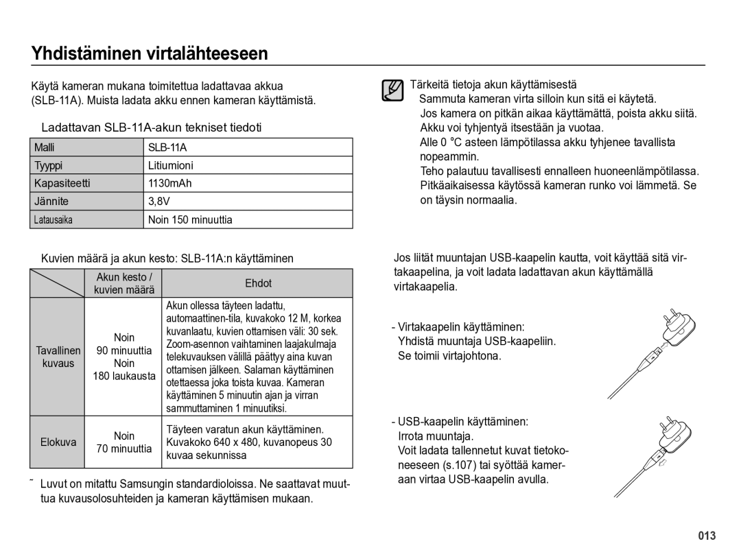 Samsung EC-WB5000BPBE2 manual Yhdistäminen virtalähteeseen, Ladattavan SLB-11A-akun tekniset tiedoti 