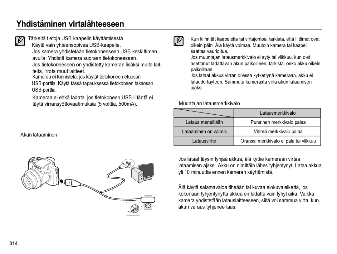 Samsung EC-WB5000BPBE2 manual Akun lataaminen, Muuntajan latausmerkkivalo, Latausmerkkivalo 