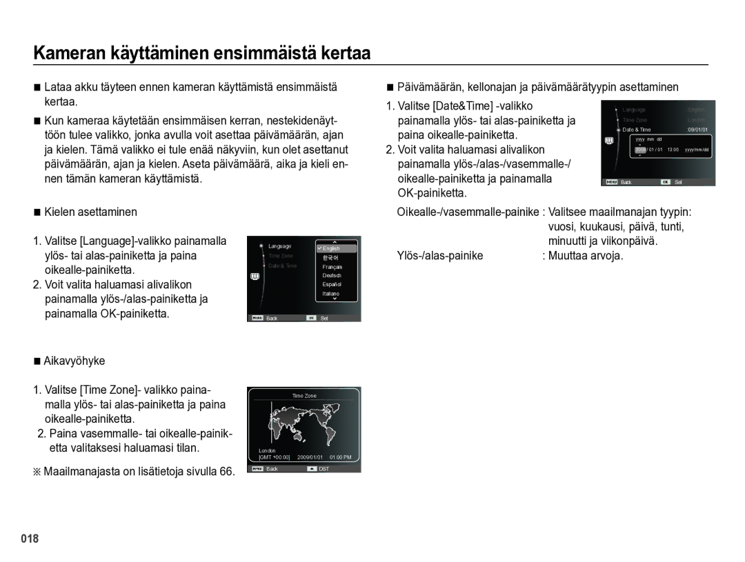 Samsung EC-WB5000BPBE2 manual Kameran käyttäminen ensimmäistä kertaa 