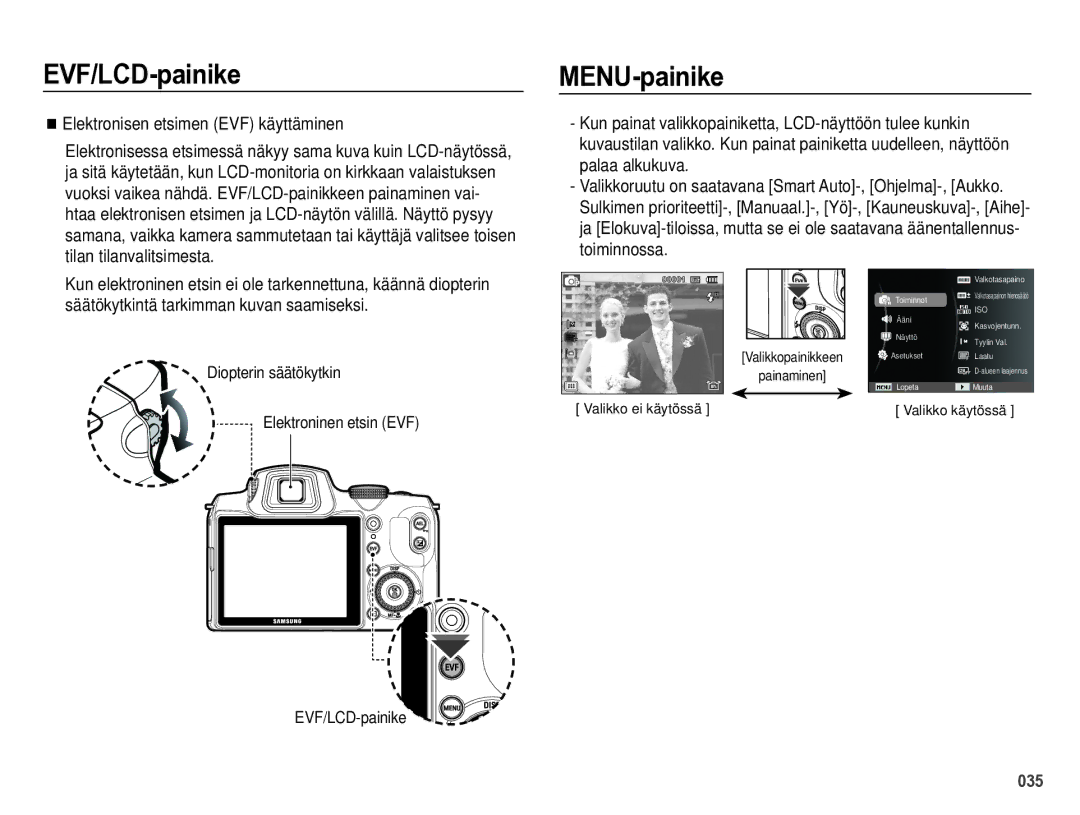 Samsung EC-WB5000BPBE2 manual MENU-painike, Elektronisen etsimen EVF käyttäminen 