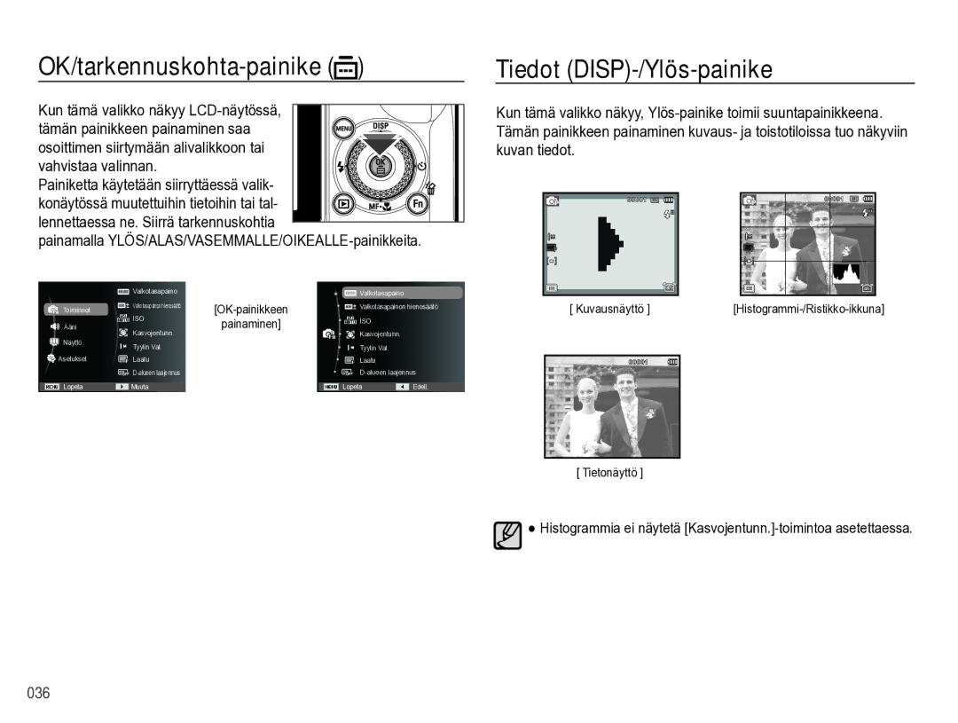 Samsung EC-WB5000BPBE2 manual OK/tarkennuskohta-painike, Tiedot DISP-/Ylös-painike 