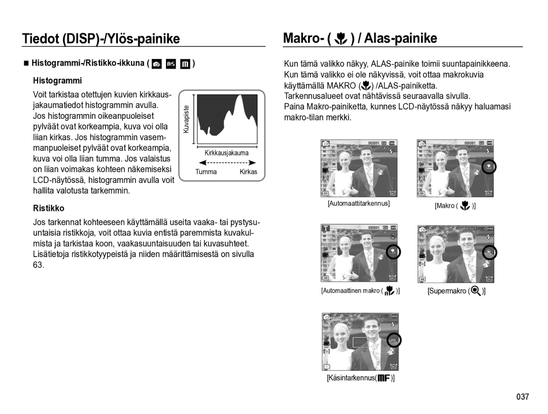 Samsung EC-WB5000BPBE2 manual Makro- / Alas-painike, Käsintarkennus 