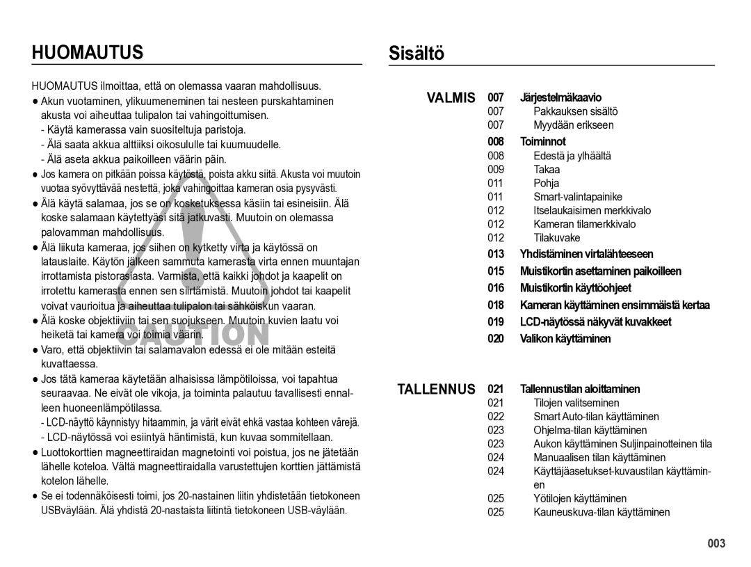 Samsung EC-WB5000BPBE2 manual Sisältö, Pakkauksen sisältö Myydään erikseen 