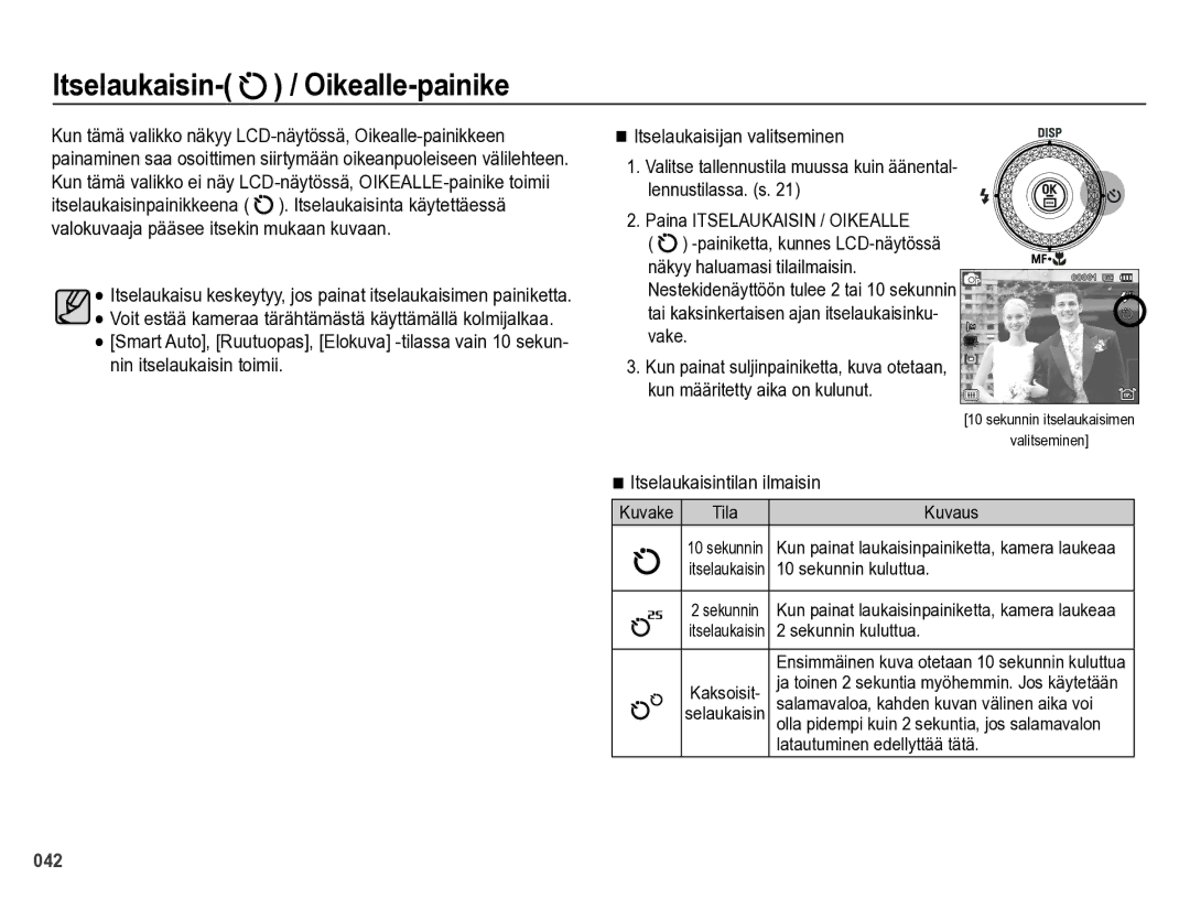 Samsung EC-WB5000BPBE2 manual Itselaukaisin- / Oikealle-painike, Sekunnin kuluttua 