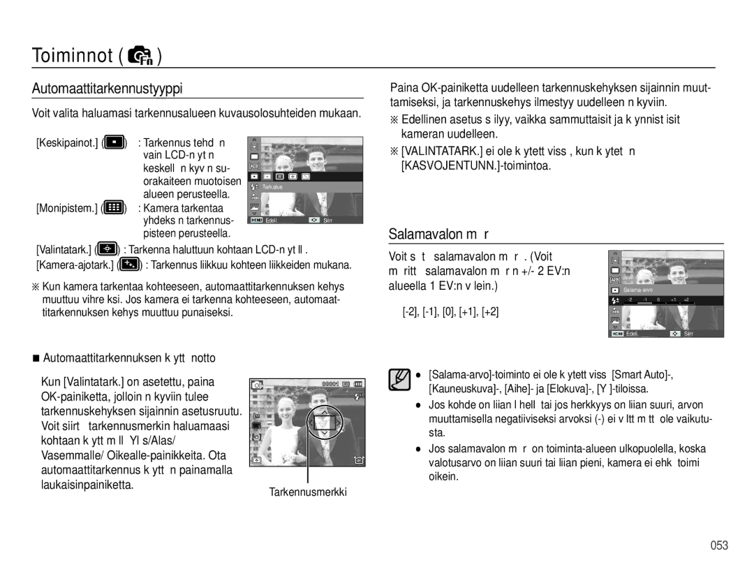 Samsung EC-WB5000BPBE2 manual Automaattitarkennustyyppi, Salamavalon määrä, Kameran uudelleen, KASVOJENTUNN.-toimintoa 