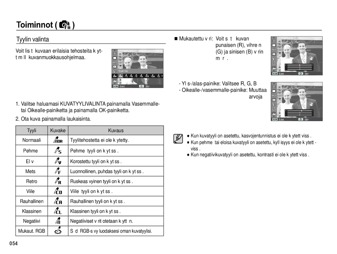 Samsung EC-WB5000BPBE2 manual Tyylin valinta, Ja sinisen B värin määrää, Ylös-/alas-painike Valitsee R, G, B 