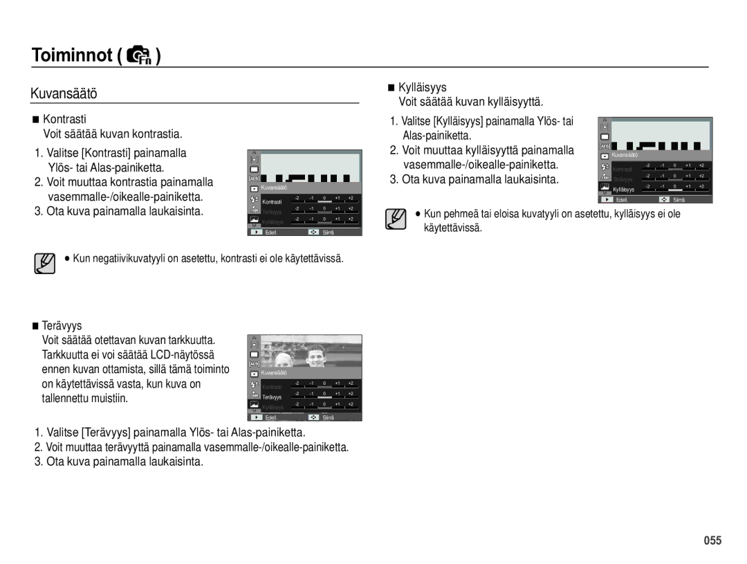 Samsung EC-WB5000BPBE2 manual Kuvansäätö, Valitse Kylläisyys painamalla Ylös- tai Alas-painiketta, Terävyys 