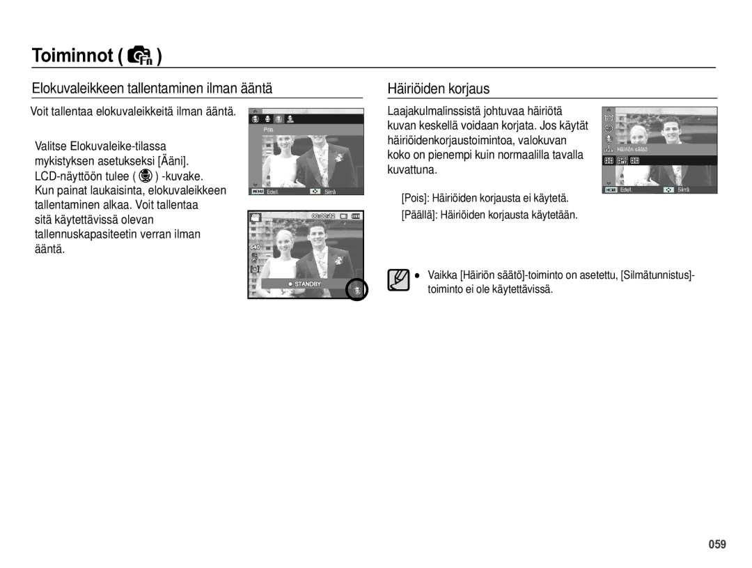 Samsung EC-WB5000BPBE2 manual Elokuvaleikkeen tallentaminen ilman ääntä Häiriöiden korjaus 