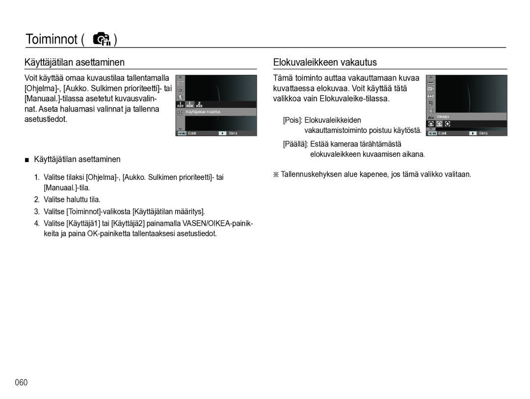 Samsung EC-WB5000BPBE2 manual Käyttäjätilan asettaminen Elokuvaleikkeen vakautus 