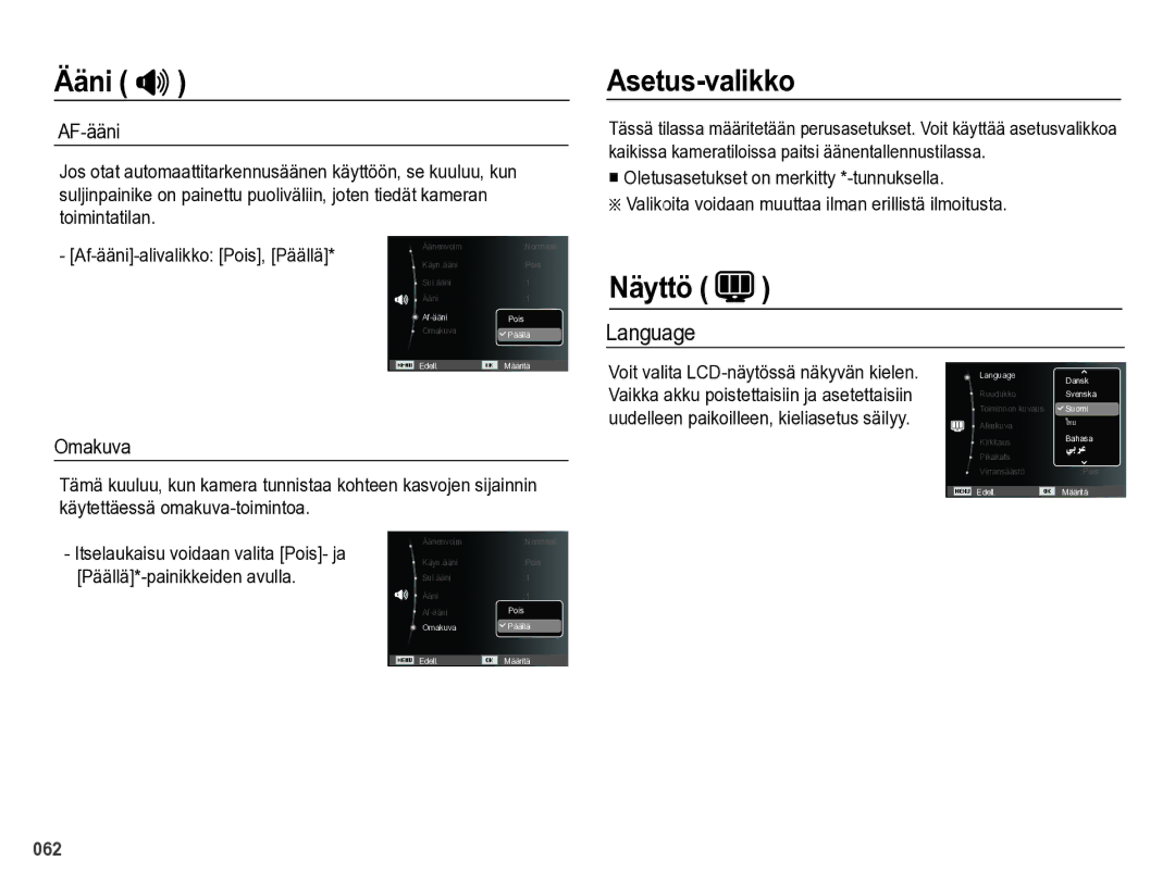 Samsung EC-WB5000BPBE2 manual Asetus-valikko, Näyttö, Language 