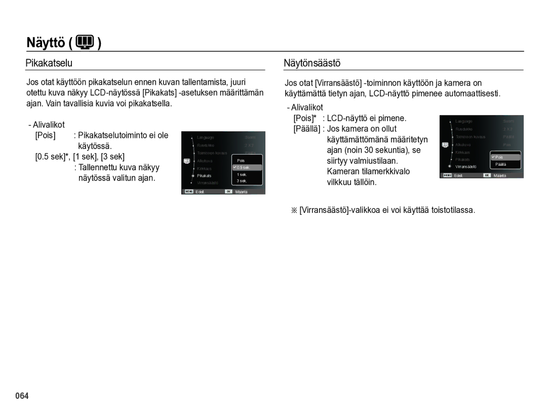 Samsung EC-WB5000BPBE2 manual Pikakatselu, Näytönsäästö, Alivalikot Pois* LCD-näyttö ei pimene 