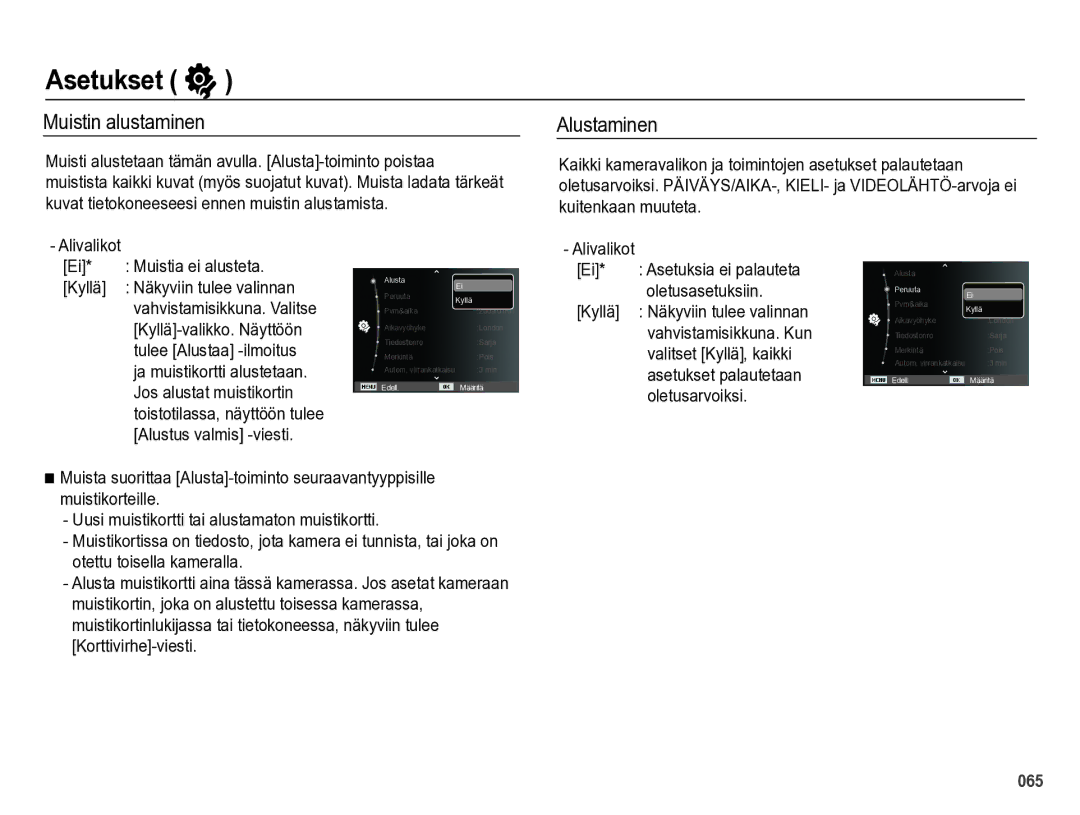 Samsung EC-WB5000BPBE2 manual Asetukset, Muistin alustaminen, Alustaminen 