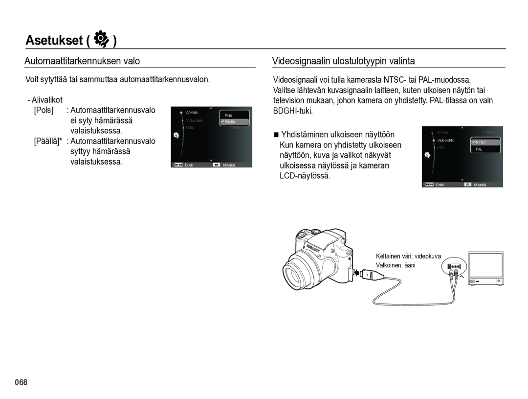 Samsung EC-WB5000BPBE2 manual Automaattitarkennuksen valo, Videosignaalin ulostulotyypin valinta 