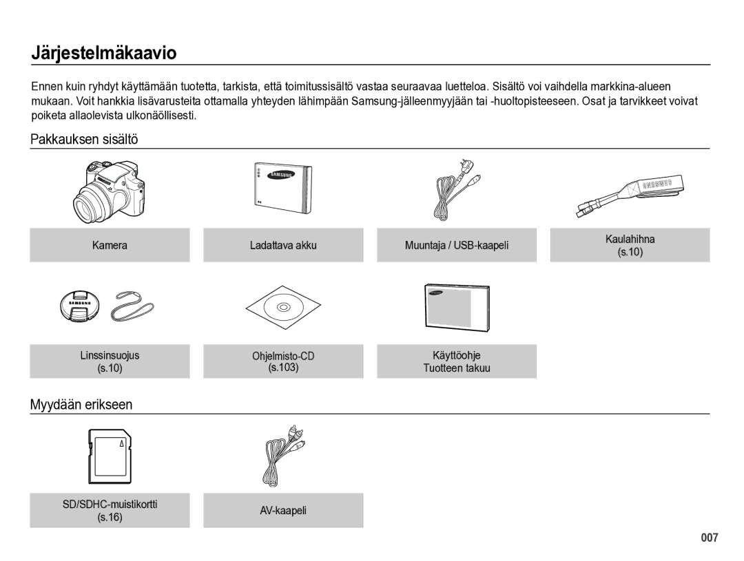 Samsung EC-WB5000BPBE2 manual Järjestelmäkaavio, Pakkauksen sisältö, Myydään erikseen 