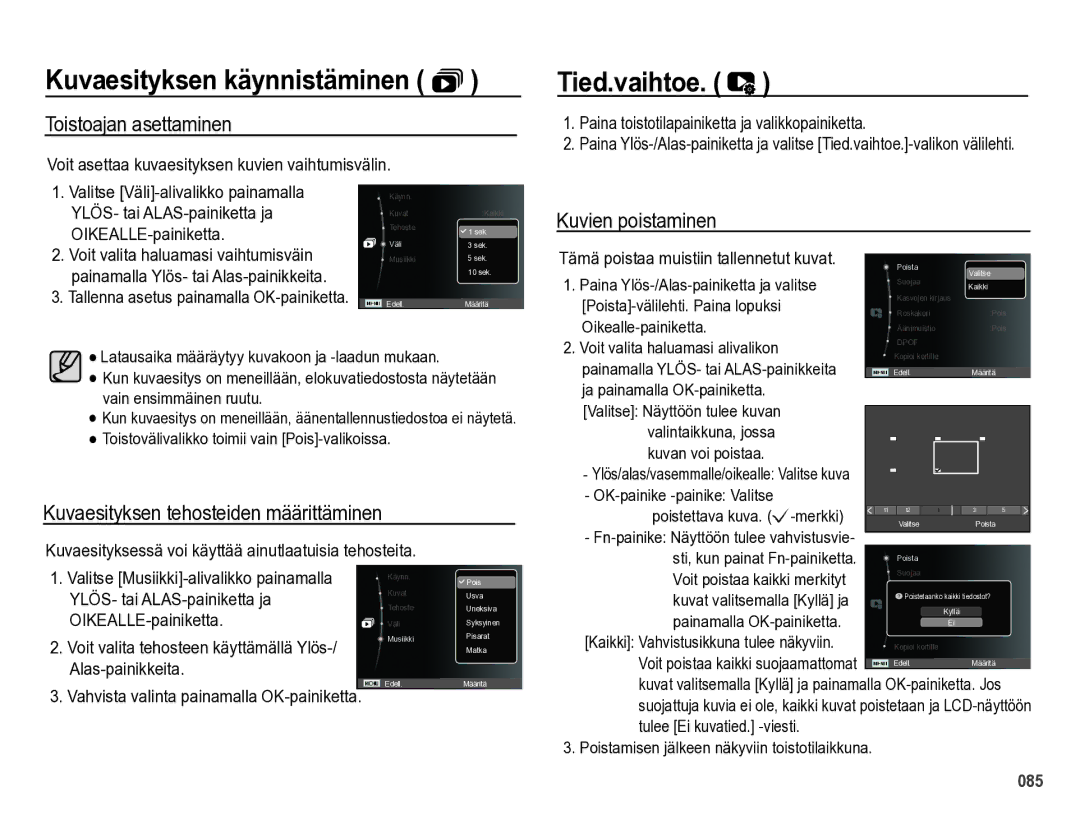 Samsung EC-WB5000BPBE2 Tied.vaihtoe, Toistoajan asettaminen, Kuvien poistaminen, Kuvaesityksen tehosteiden määrittäminen 