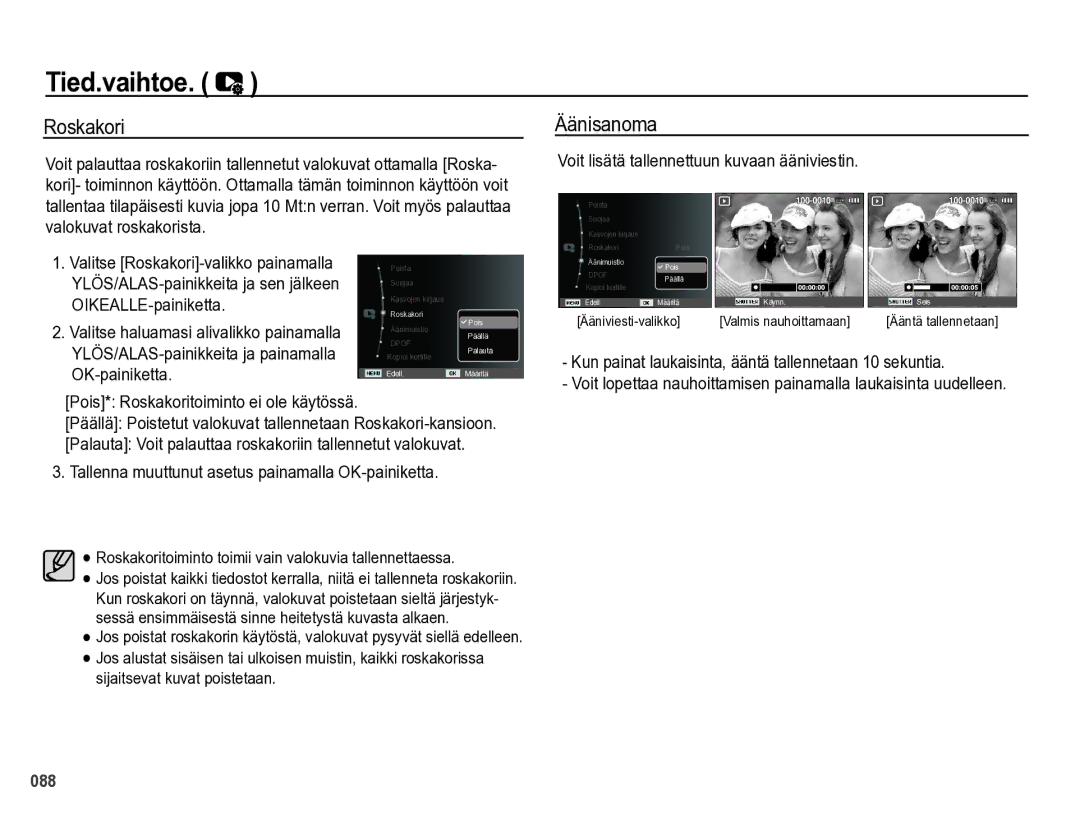 Samsung EC-WB5000BPBE2 manual Roskakori, Äänisanoma, Voit lisätä tallennettuun kuvaan ääniviestin 