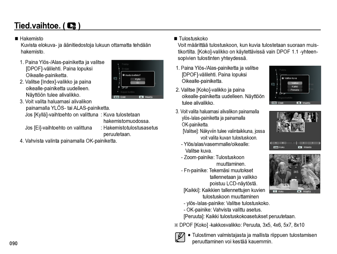 Samsung EC-WB5000BPBE2 Tulostuskoko, Valitse Index-valikko ja paina, Oikealle-painiketta uudelleen, Hakemistomuodossa 