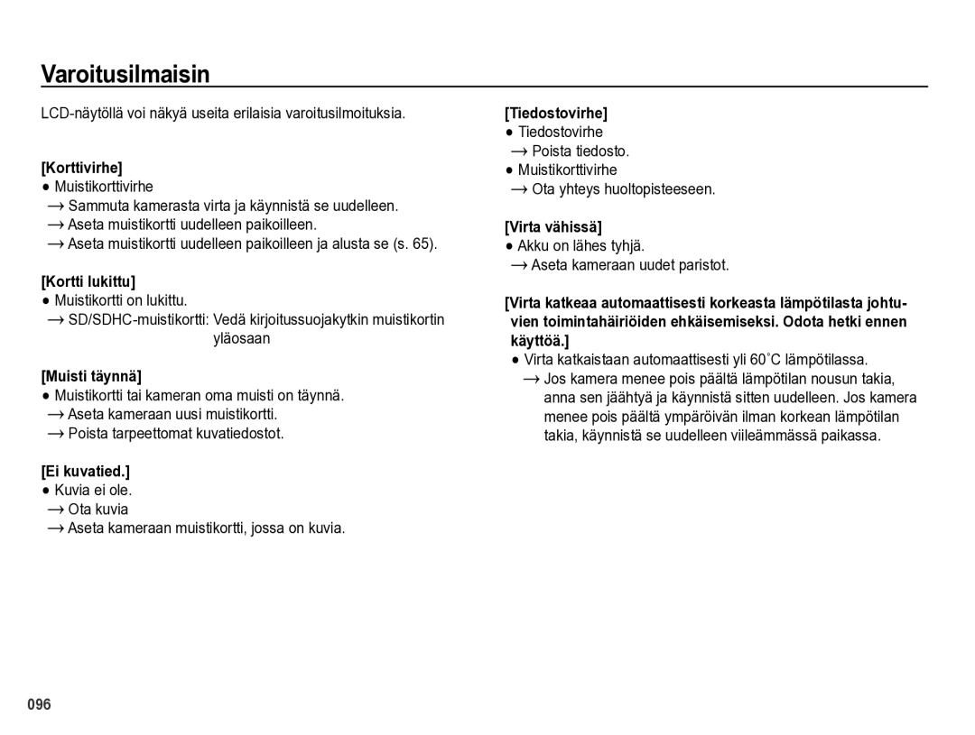 Samsung EC-WB5000BPBE2 manual Varoitusilmaisin, LCD-näytöllä voi näkyä useita erilaisia varoitusilmoituksia 