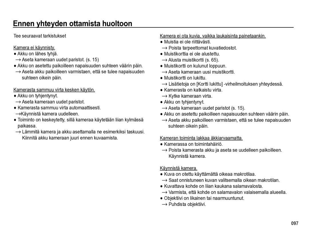 Samsung EC-WB5000BPBE2 manual Ennen yhteyden ottamista huoltoon 