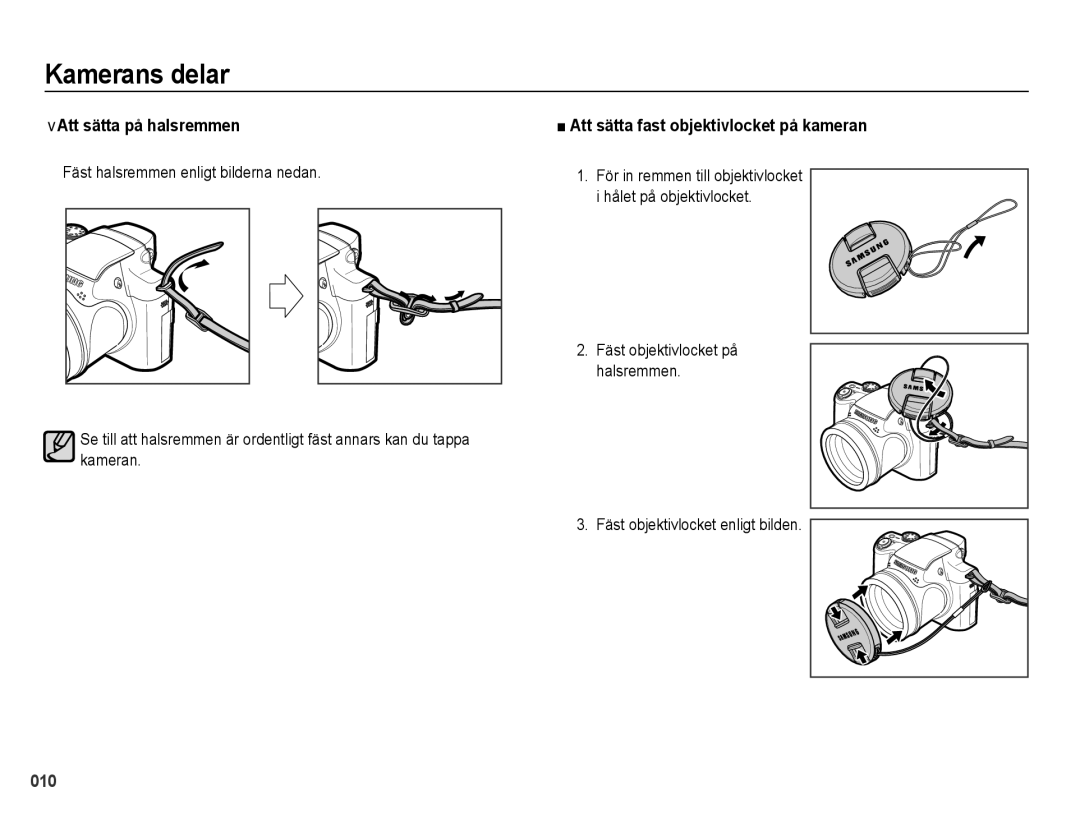 Samsung EC-WB5000BPBE2 manual Att sätta på halsremmen, Att sätta fast objektivlocket på kameran 