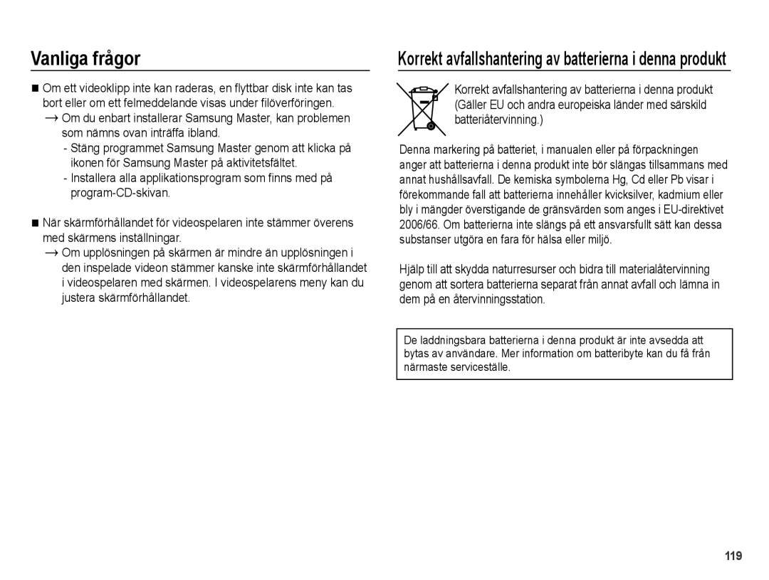 Samsung EC-WB5000BPBE2 manual Korrekt avfallshantering av batterierna i denna produkt 