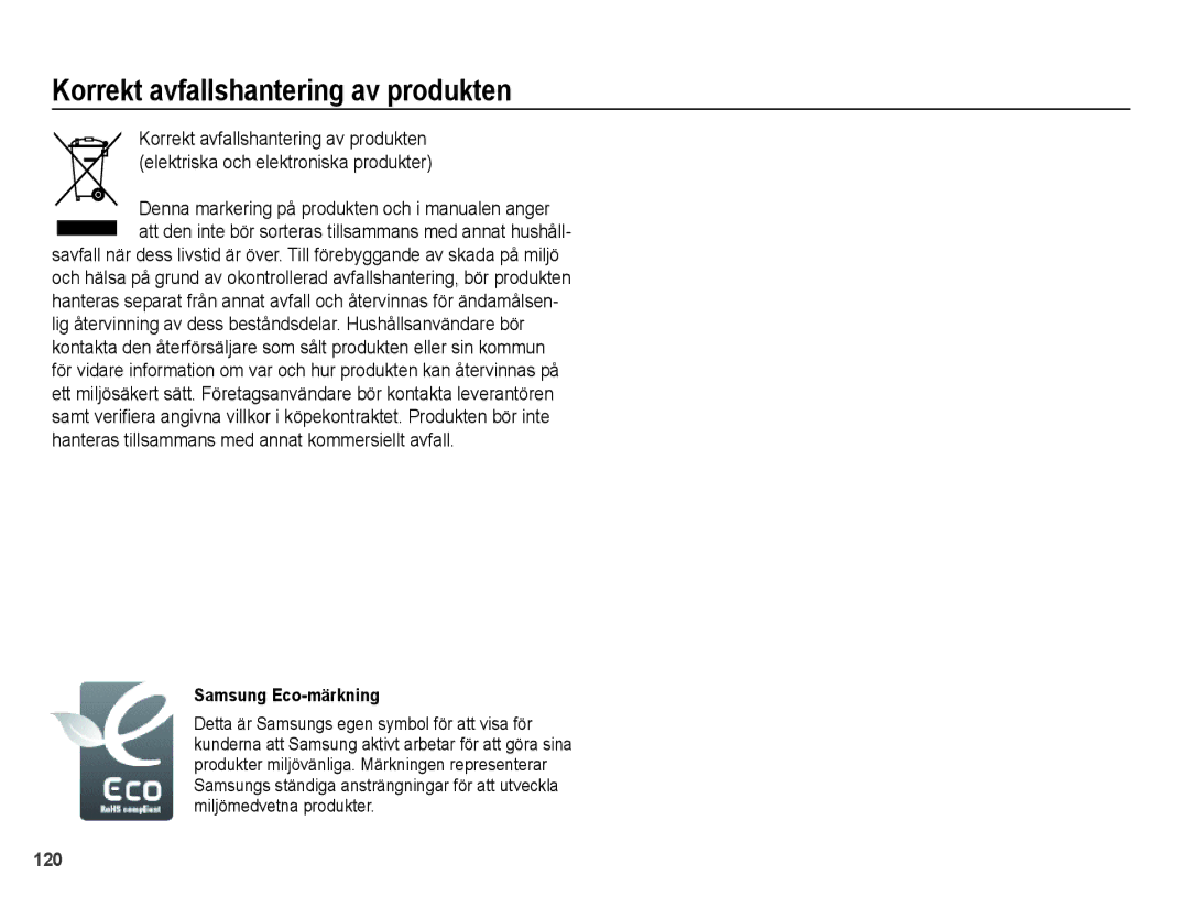 Samsung EC-WB5000BPBE2 manual Korrekt avfallshantering av produkten, Samsung Eco-märkning 