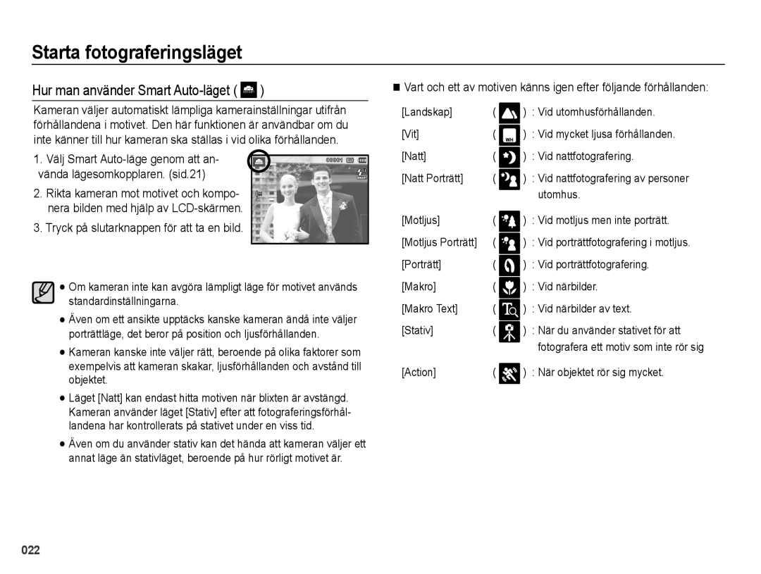 Samsung EC-WB5000BPBE2 manual Hur man använder Smart Auto-läget, Tryck på slutarknappen för att ta en bild, Utomhus 