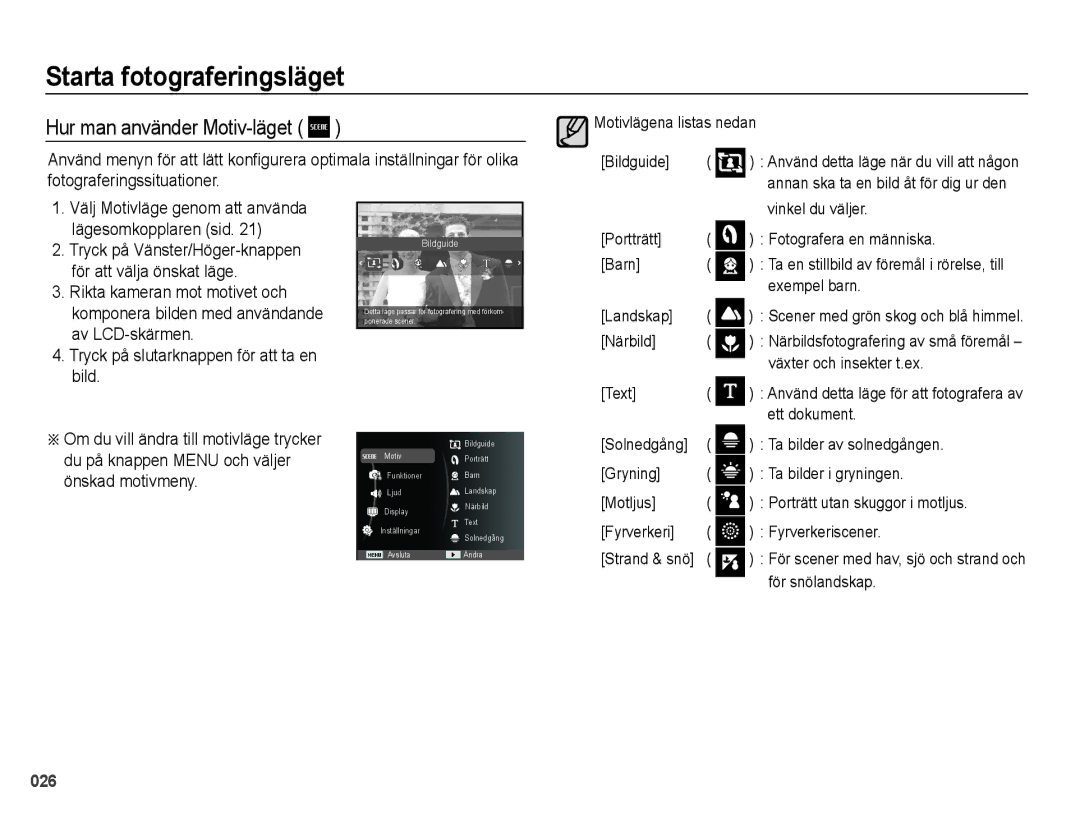 Samsung EC-WB5000BPBE2 manual Hur man använder Motiv-läget, Motivlägena listas nedan, Solnedgång Gryning 