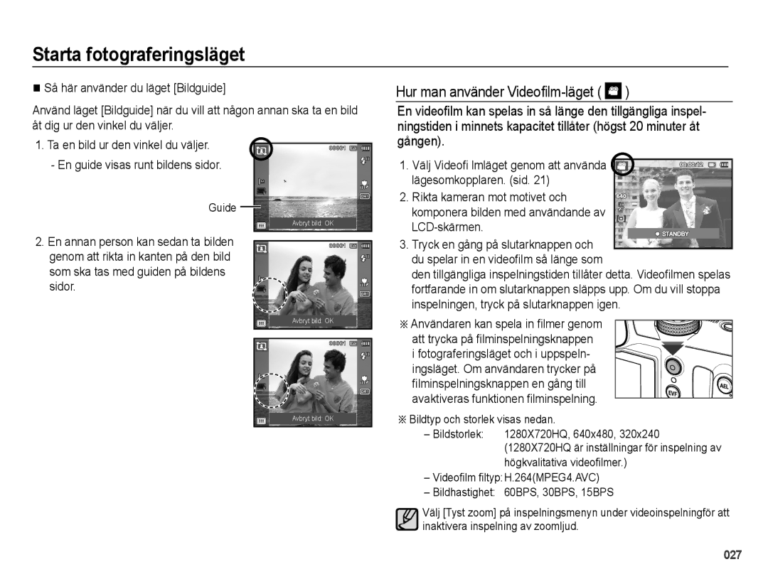 Samsung EC-WB5000BPBE2 Hur man använder Video¿lm-läget, Guide, Välj Video¿ lmläget genom att använda lägesomkopplaren. sid 