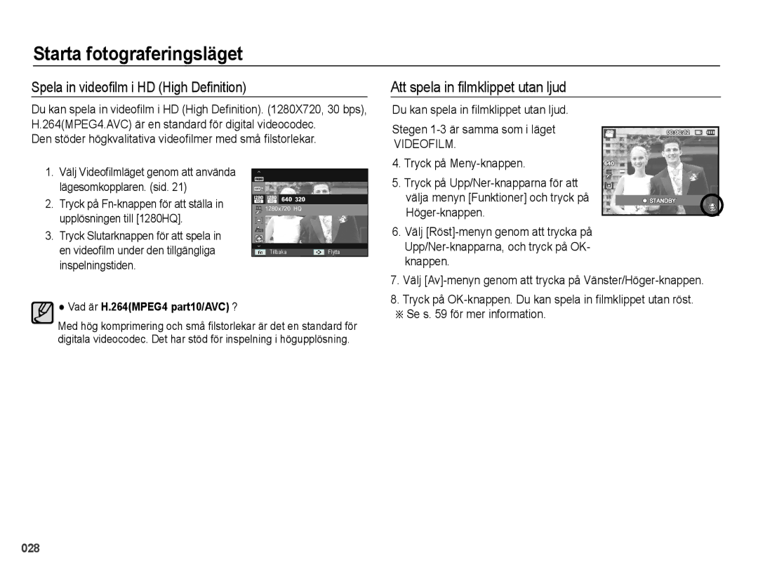 Samsung EC-WB5000BPBE2 manual Spela in video¿lm i HD High De¿nition, Att spela in ¿lmklippet utan ljud 