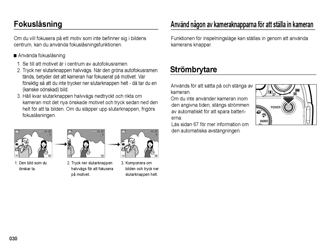 Samsung EC-WB5000BPBE2 manual Fokuslåsning, Strömbrytare 